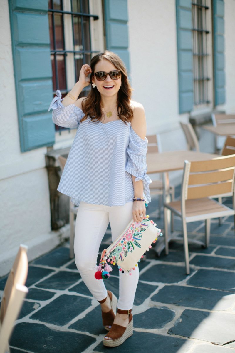 seersucker cold-shoulder tie-sleeve top, casual spring outfit