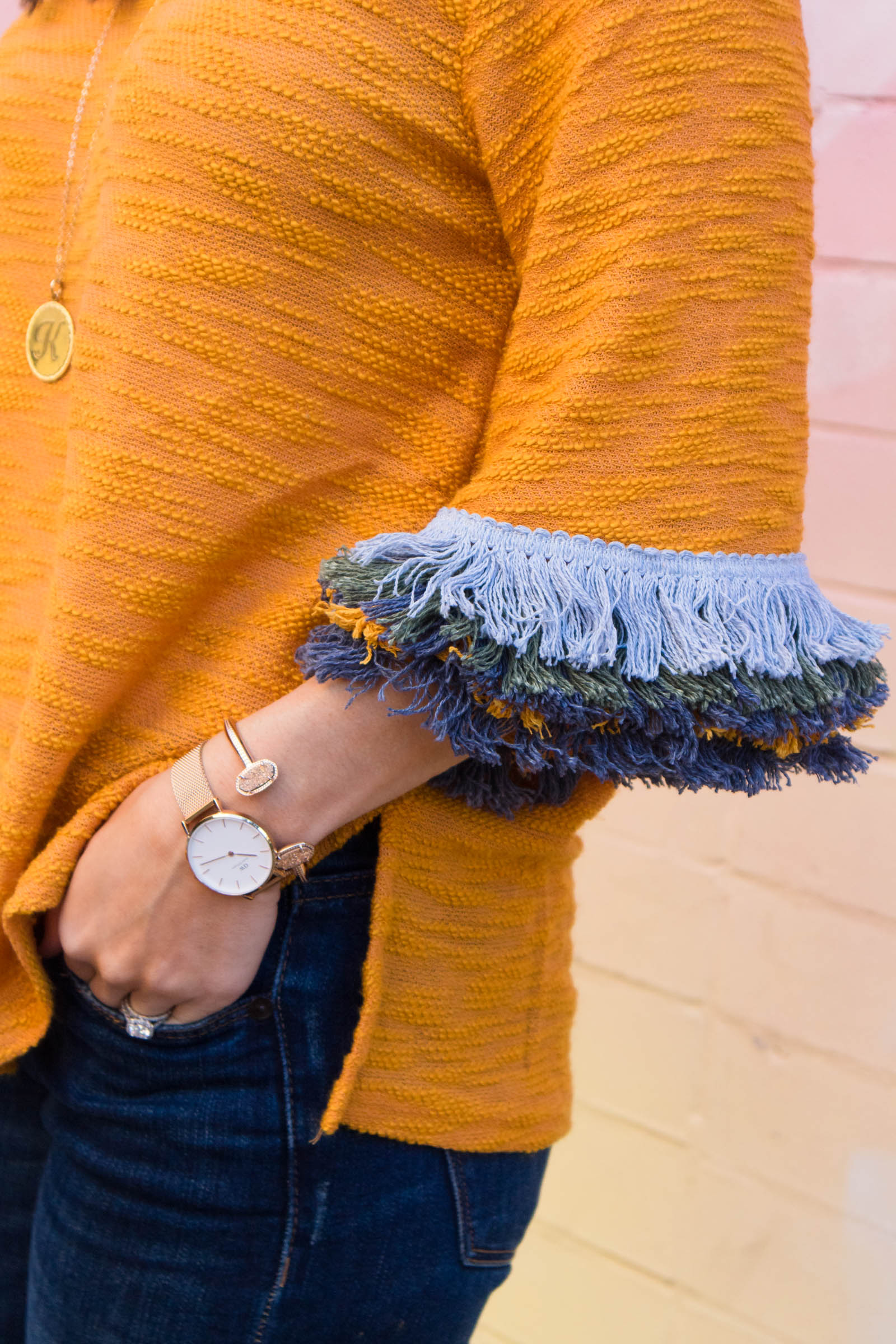 fringe sleeve sweater, daniel wellington petite melrose watch