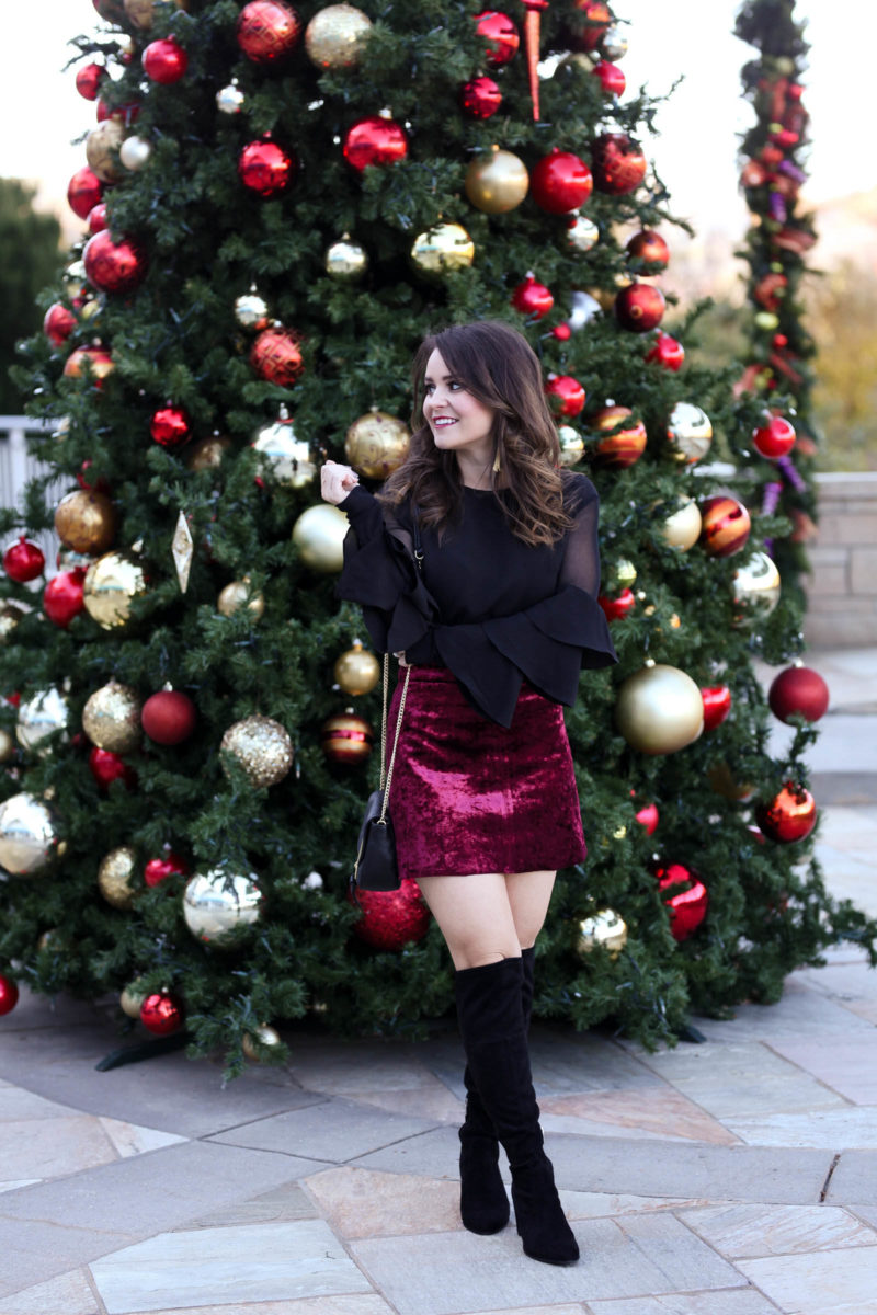 Holiday Party Outfit: Black Top & Red Velvet Skirt - Medicine & Manicures
