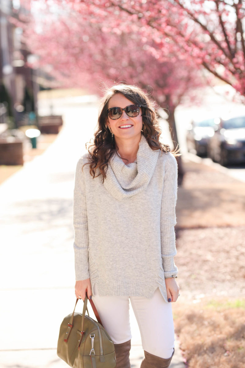 Grey Cowl Neck Sweater + Winter White Denim - Medicine & Manicures