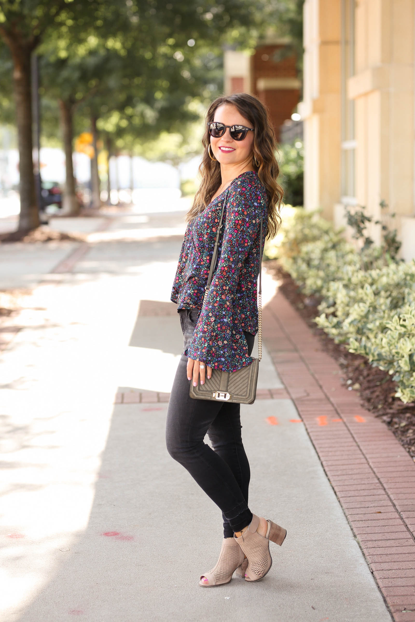 fall outfit, floral bell sleeve top