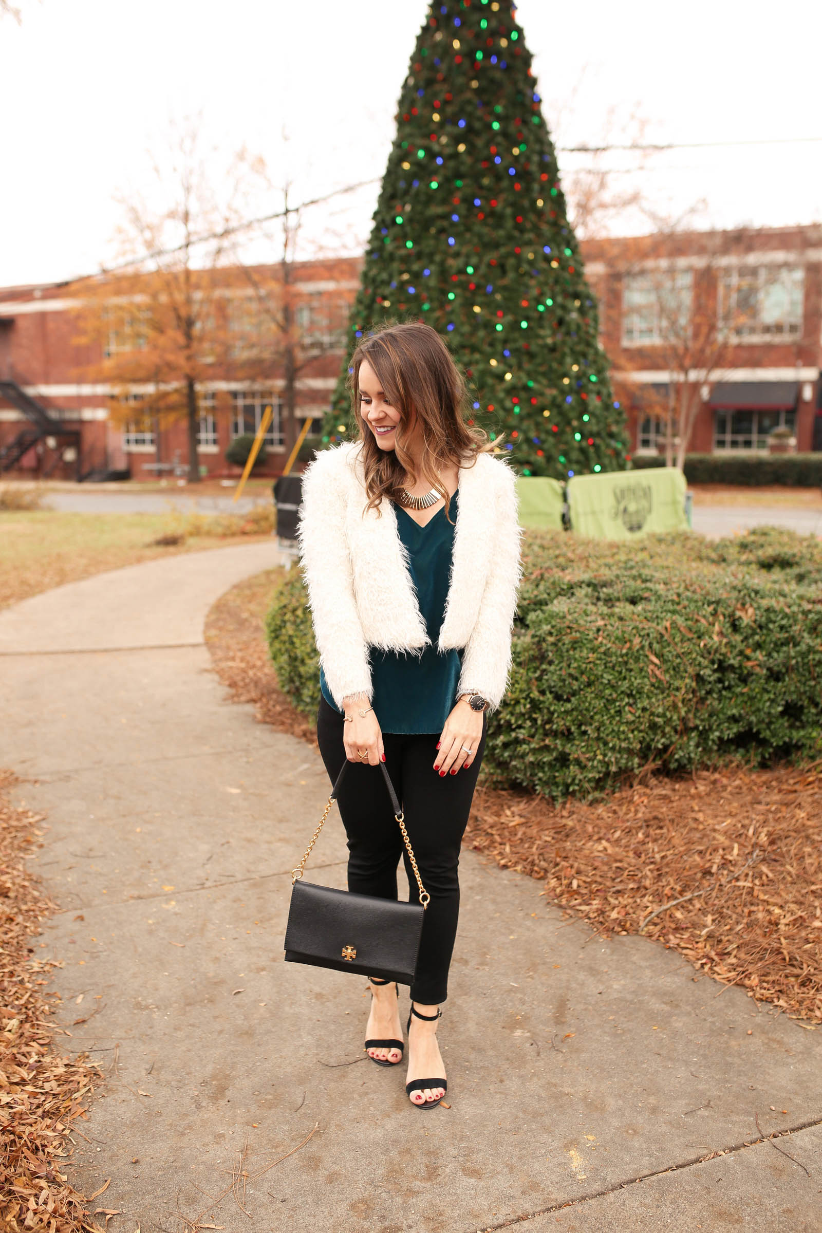 holiday party outfit, express velvet downtown cami